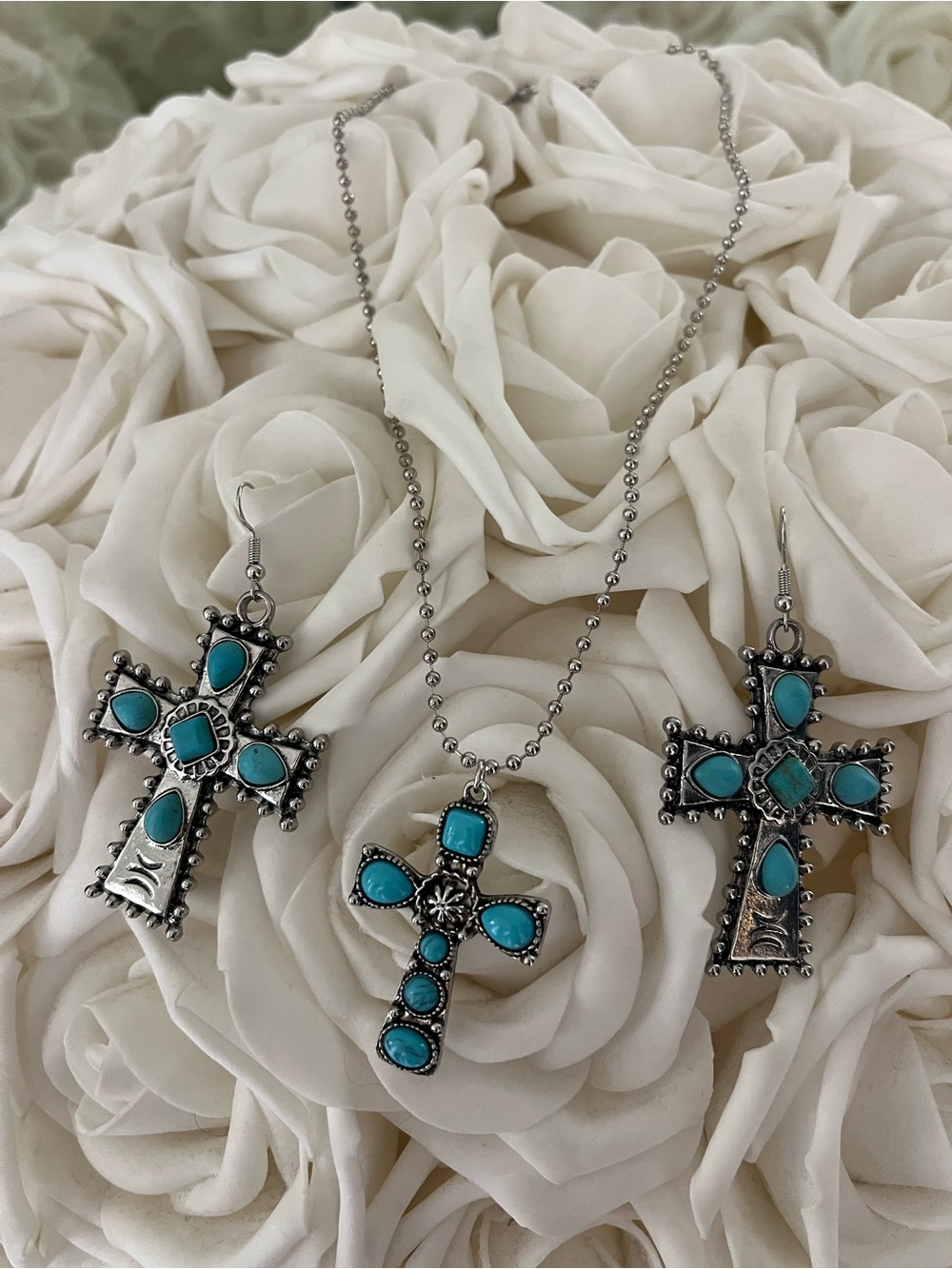 Turquoise Cross Necklace and Earrings Set - Silver Tone Women Jewelry